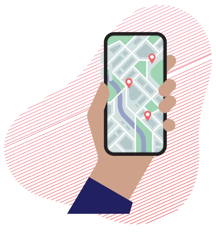 Illustration of a hand holding a phone showing nearby food locations on a map